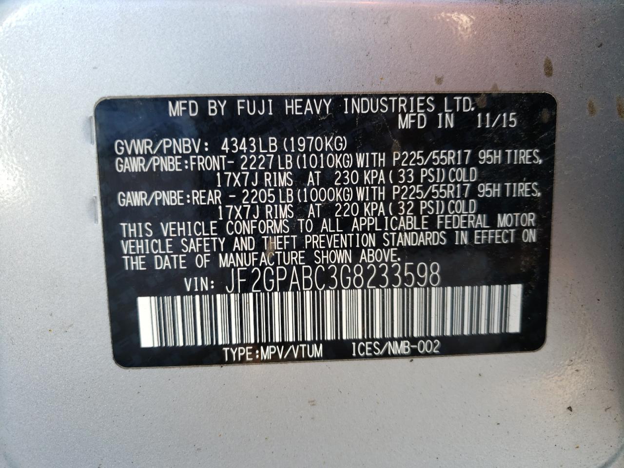 Photo 10 from auction – 2016 SUBARU CROSSTREK with VIN JF2GPABC3G8233598