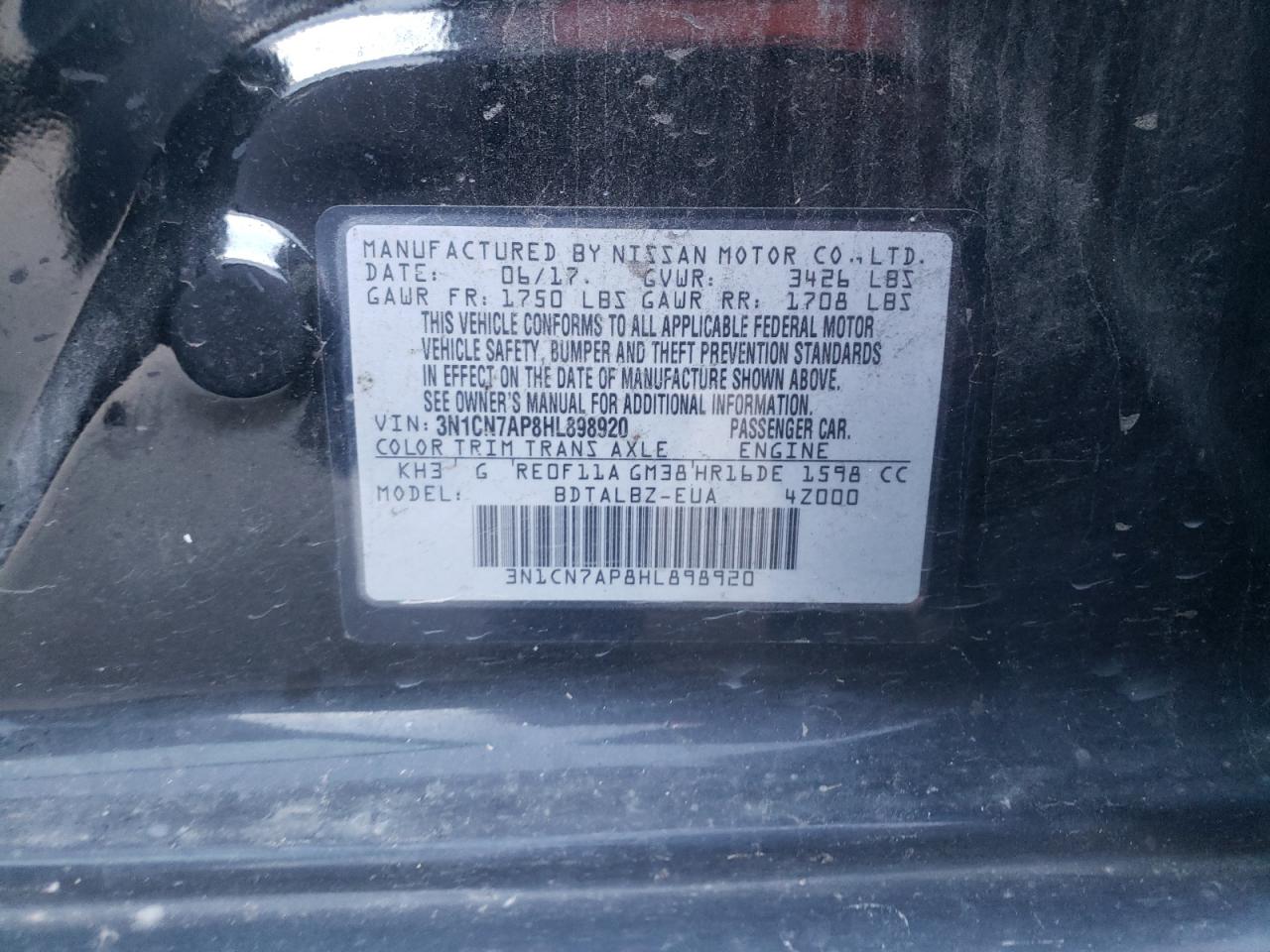 Photo 10 from auction – 2017 NISSAN VERSA S with VIN 3N1CN7AP8HL898920