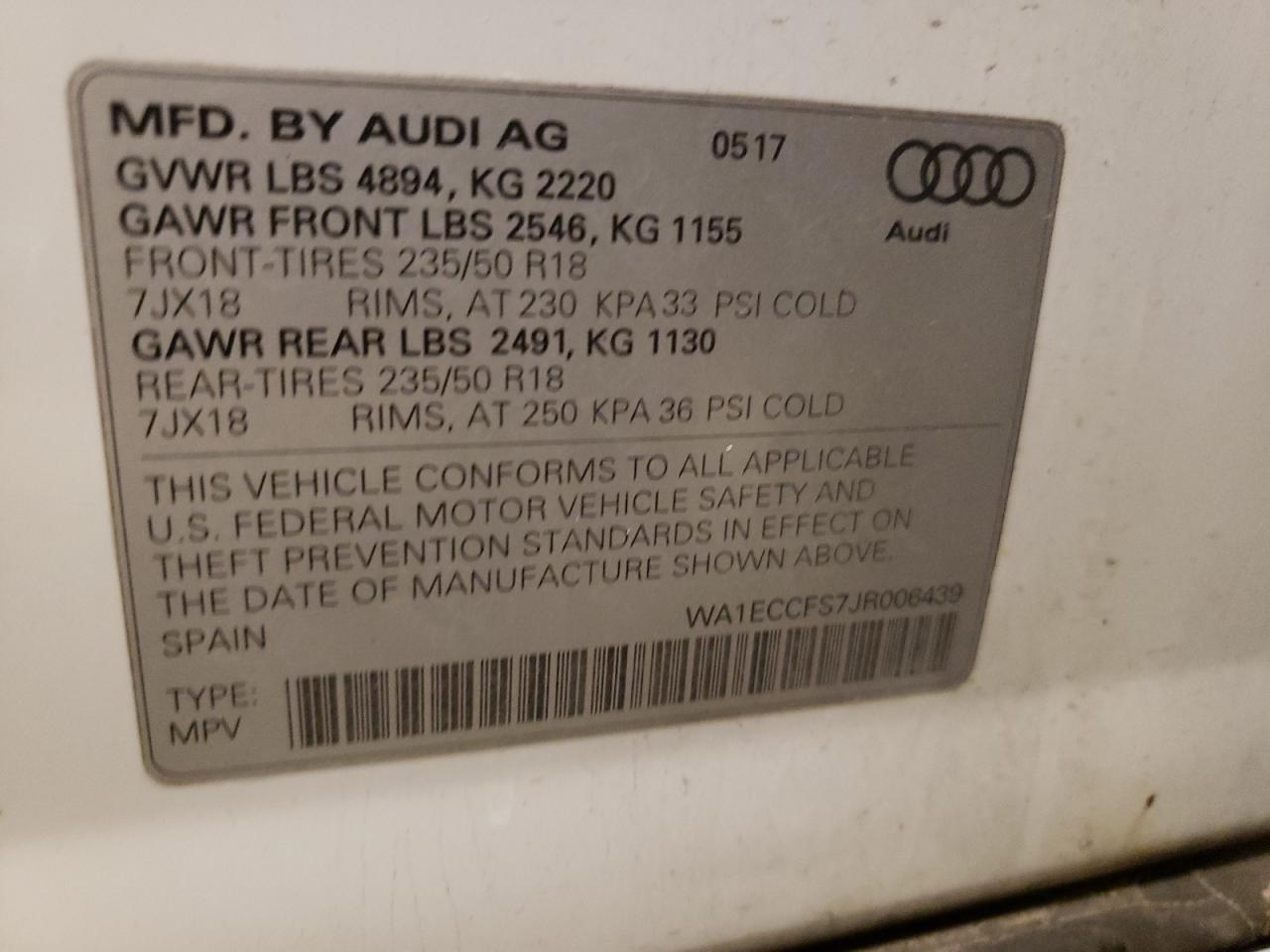 Photo 10 from auction – 2018 AUDI Q3 PREMIUM with VIN WA1ECCFS7JR006439