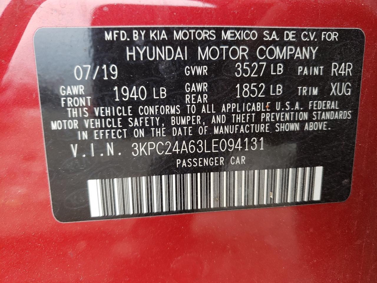 Photo 10 from auction – 2020 HYUNDAI ACCENT SE with VIN 3KPC24A63LE094131