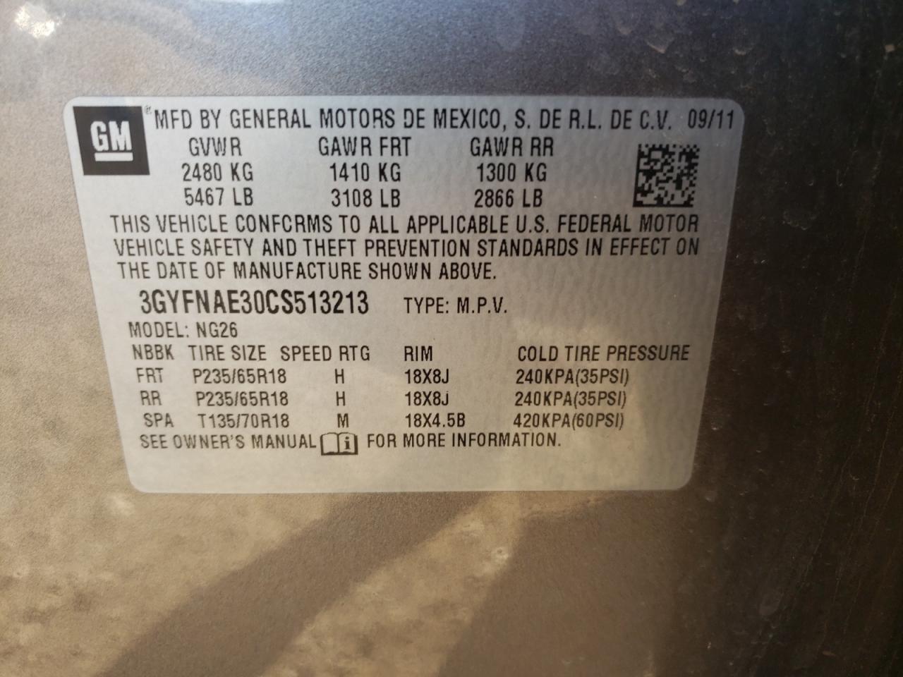 Photo 10 from auction – 2012 CADILLAC SRX LUXURY with VIN 3GYFNAE30CS513213