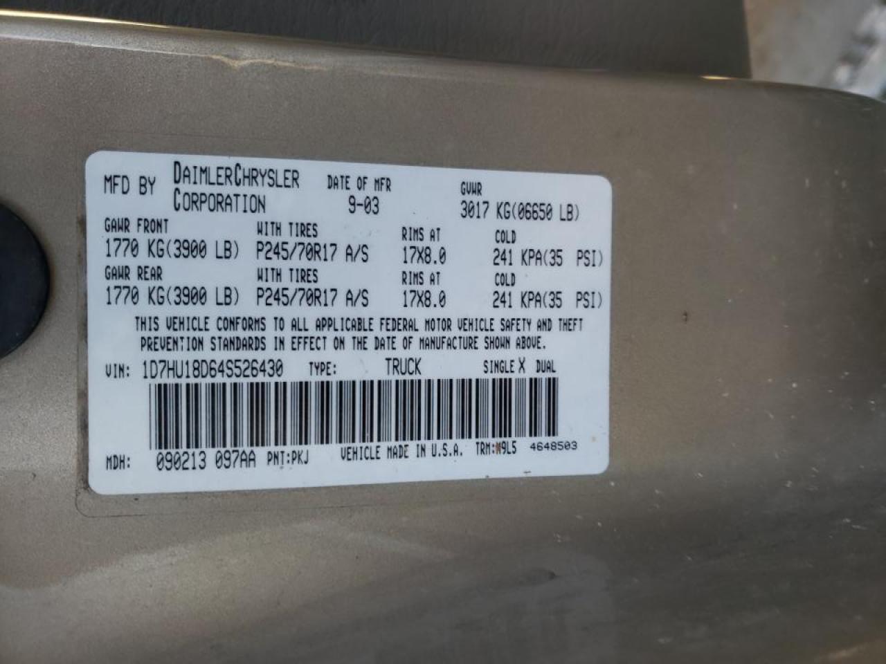 Photo 10 from auction – 2004 DODGE RAM 1500 S with VIN 1D7HU18D64S526430