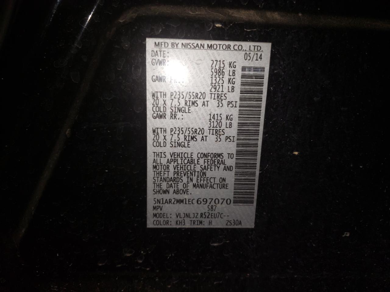 Photo 10 from auction – 2014 NISSAN PATHFINDER with VIN 5N1AR2MM1EC697070