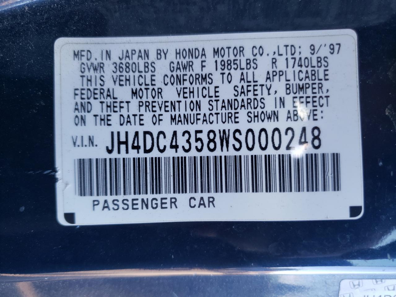 Photo 10 from auction – 1998 ACURA INTEGRA LS with VIN JH4DC4358WS000248