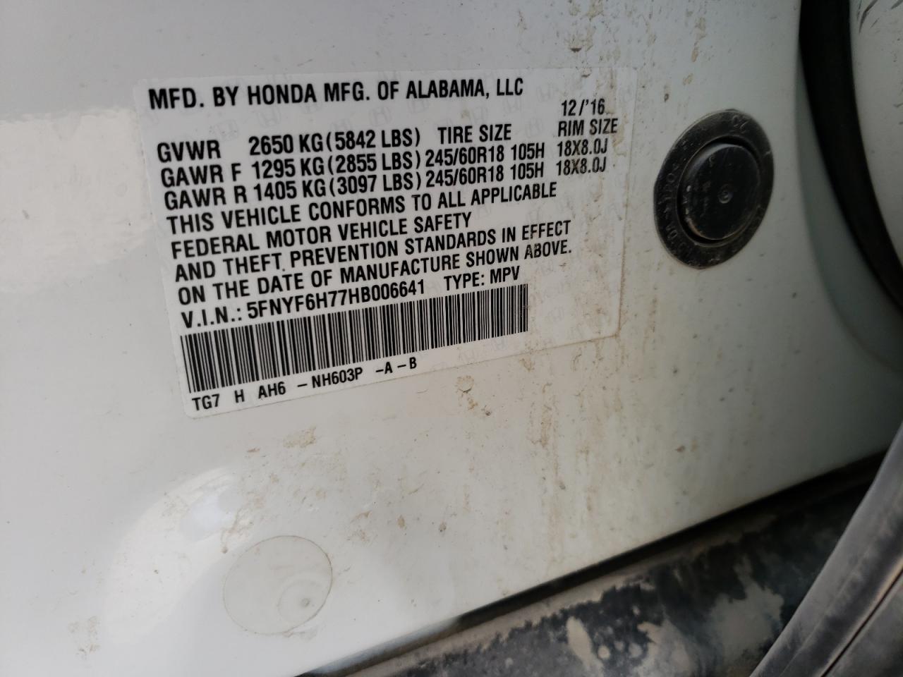 Photo 10 from auction – 2017 HONDA PILOT EXLN with VIN 5FNYF6H77HB006641