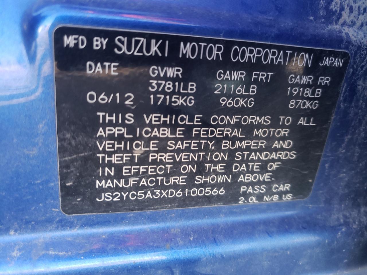 Photo 10 from auction – 2013 SUZUKI SX4 LE with VIN JS2YC5A3XD6100566