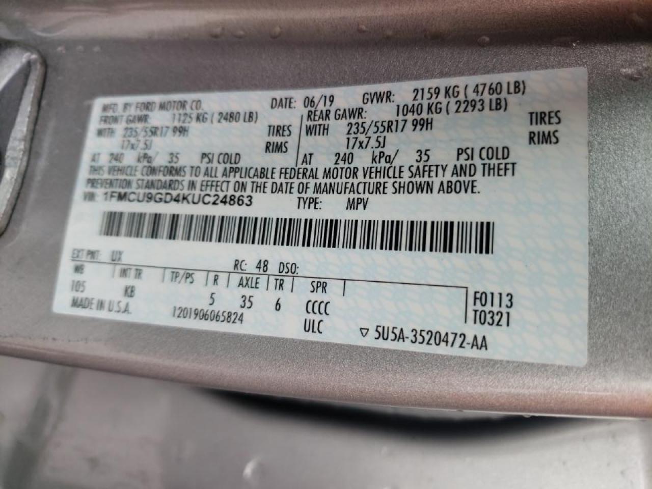 Photo 10 from auction – 2019 FORD ESCAPE SE with VIN 1FMCU9GD4KUC24863