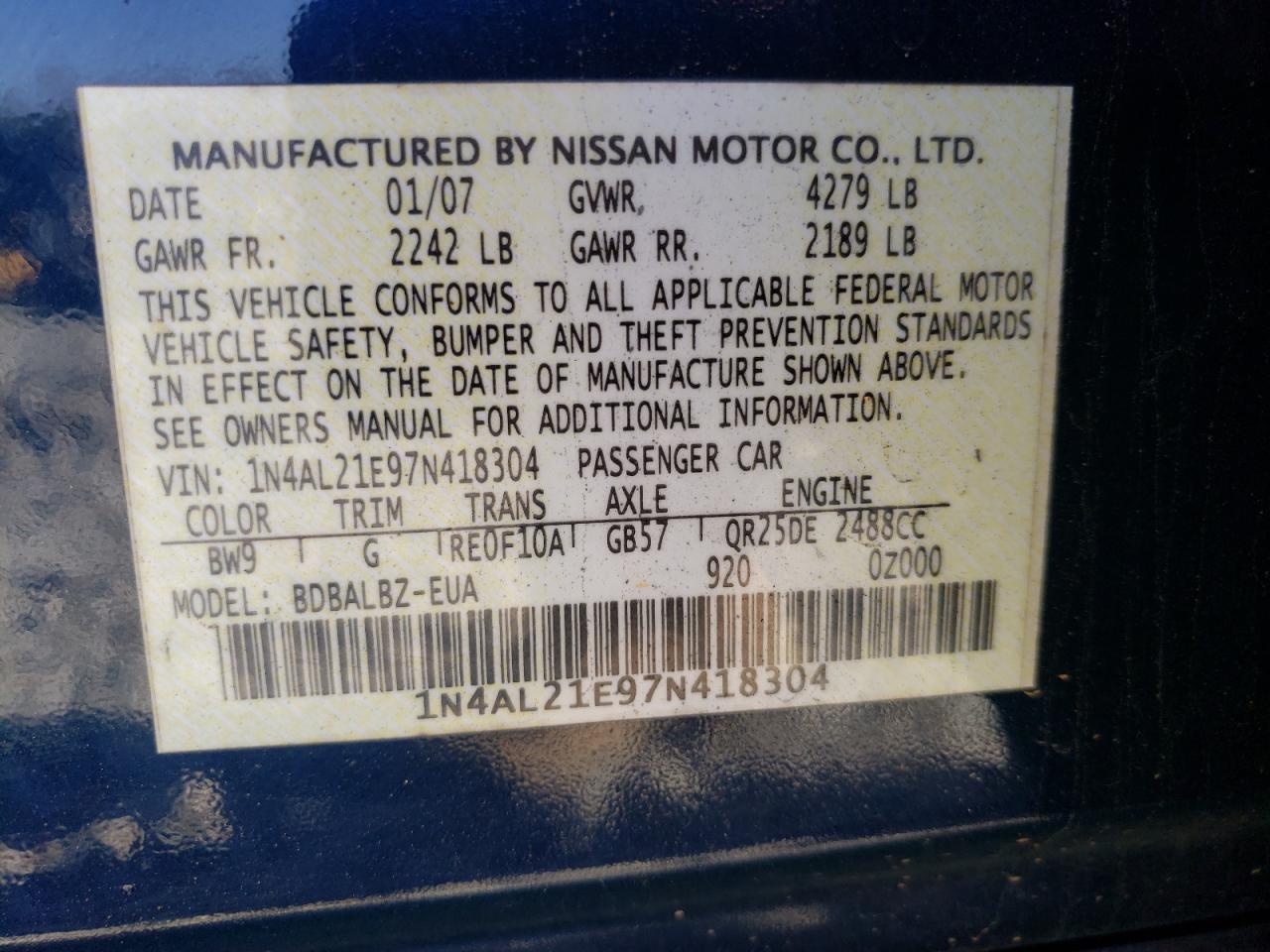 Photo 10 from auction – 2007 NISSAN ALTIMA 2.5 with VIN 1N4AL21E97N418304