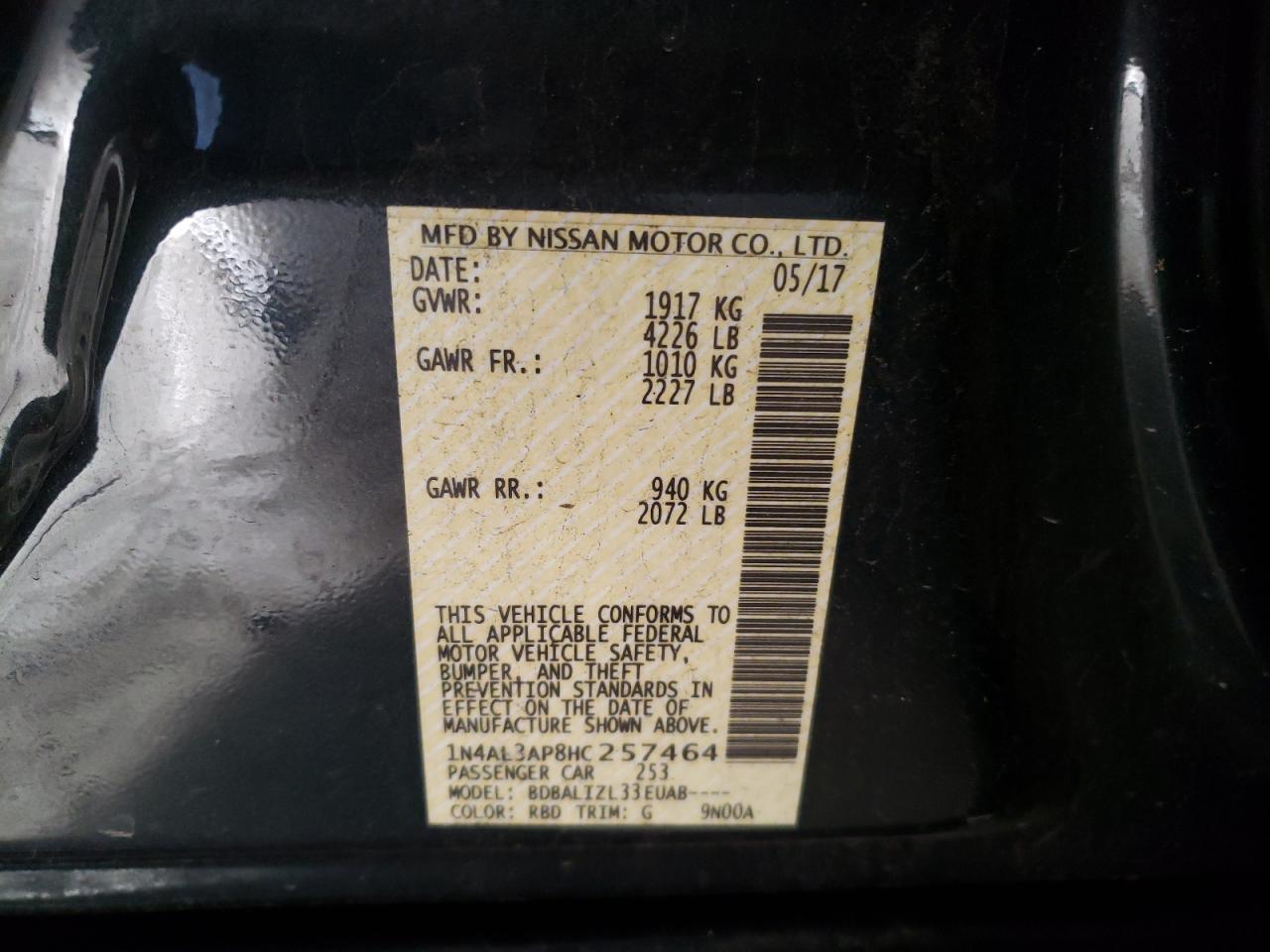 Photo 10 from auction – 2017 NISSAN ALTIMA 2.5 with VIN 1N4AL3AP8HC257464
