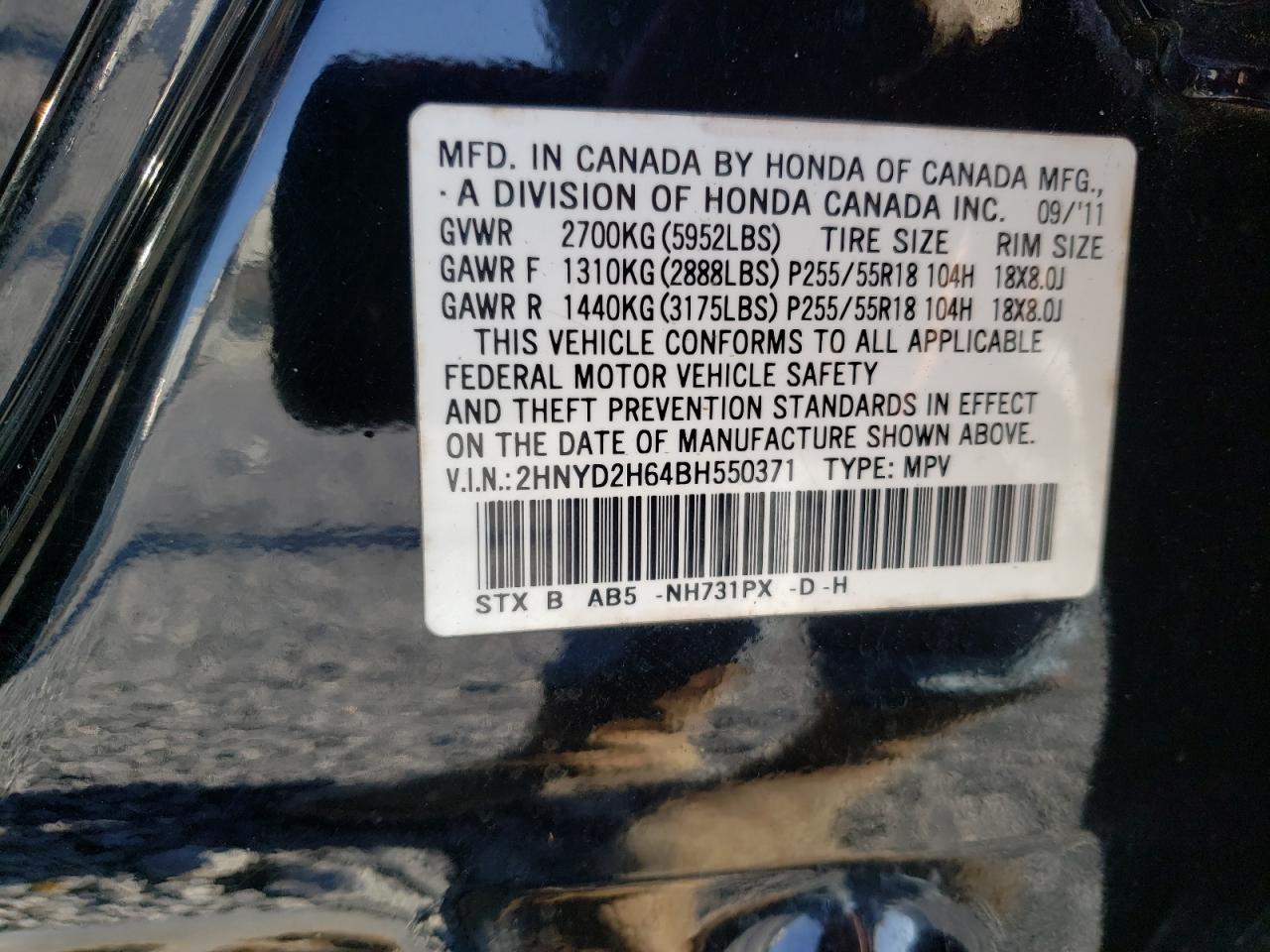 Photo 10 from auction – 2011 ACURA MDX TECHNO with VIN 2HNYD2H64BH550371