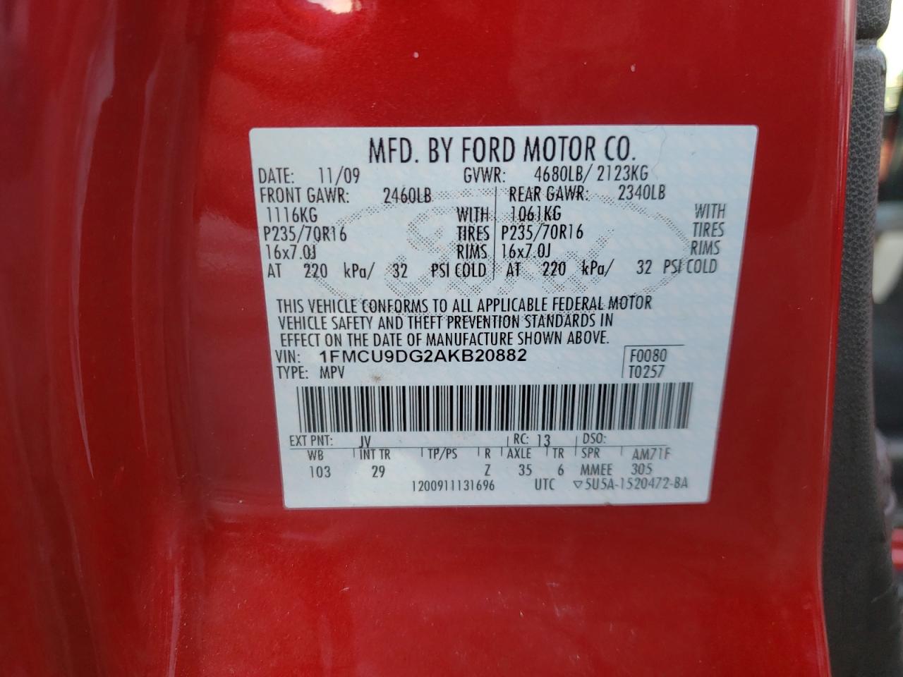 Photo 10 from auction – 2010 FORD ESCAPE XLT with VIN 1FMCU9DG2AKB20882
