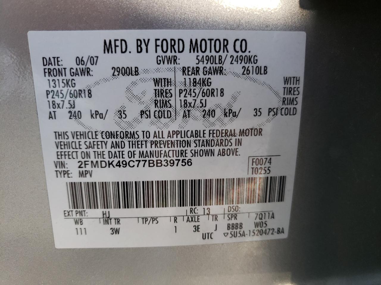Photo 10 from auction – 2007 FORD EDGE SEL P with VIN 2FMDK49C77BB39756