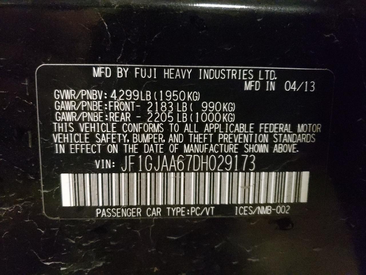 Photo 10 from auction – 2013 SUBARU IMPREZA with VIN JF1GJAA67DH029173