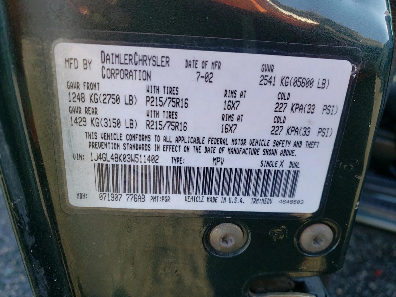 Photo 10 from auction – 2003 JEEP LIBERTY SP with VIN 1J4GL48K03W511402