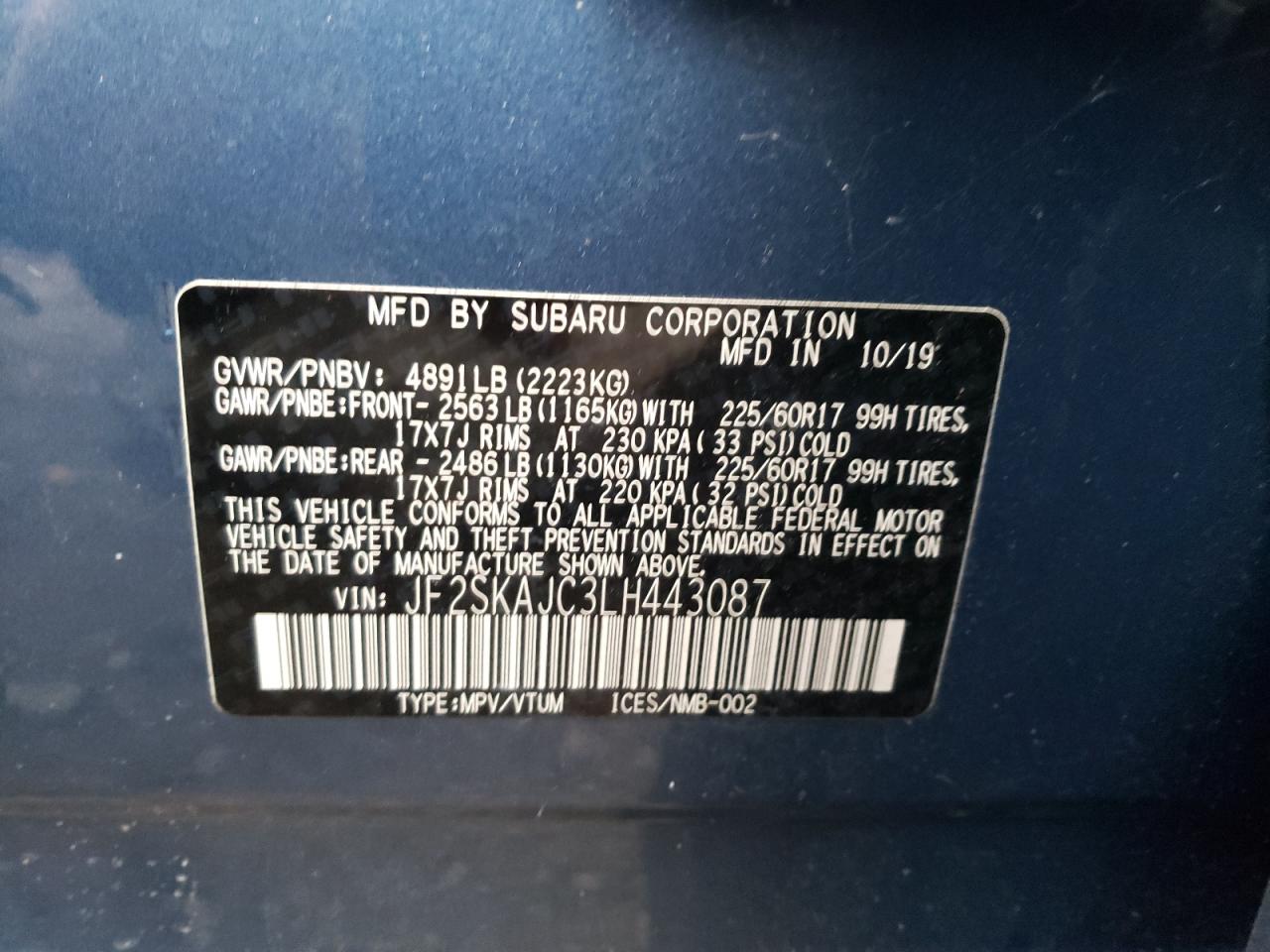 Photo 10 from auction – 2020 SUBARU FORESTER P with VIN JF2SKAJC3LH443087