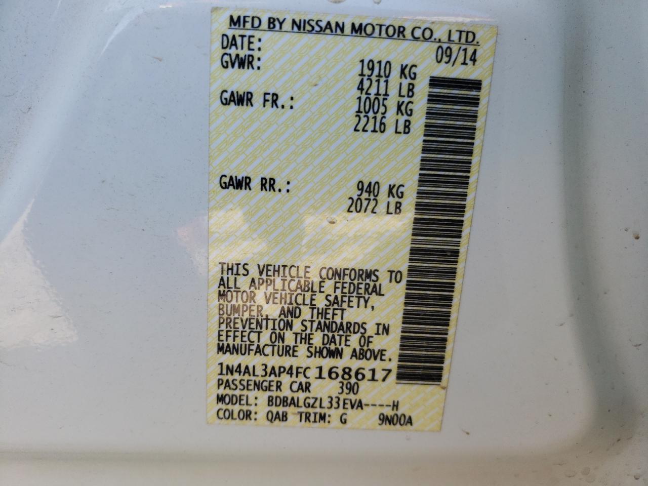 Photo 10 from auction – 2015 NISSAN ALTIMA 2.5 with VIN 1N4AL3AP4FC168617