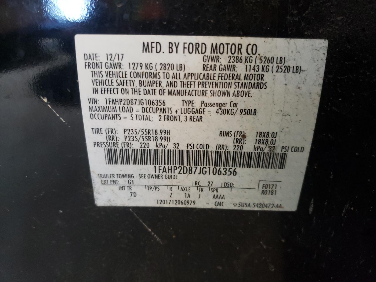 Photo 10 from auction – 2018 FORD TAURUS SE with VIN 1FAHP2D87JG106356