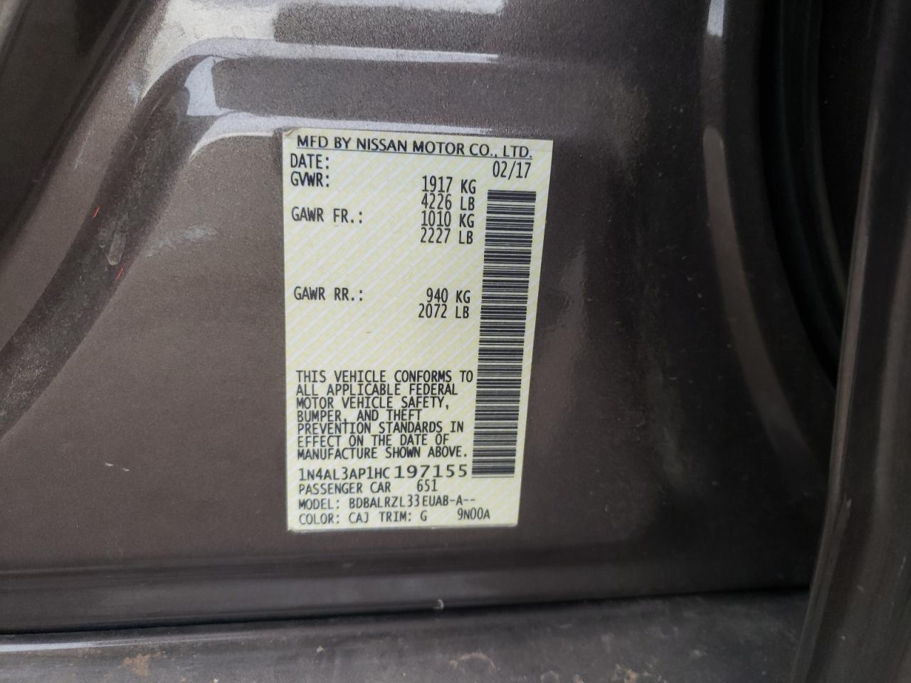 Photo 10 from auction – 2017 NISSAN ALTIMA 2.5 with VIN 1N4AL3AP1HC197155