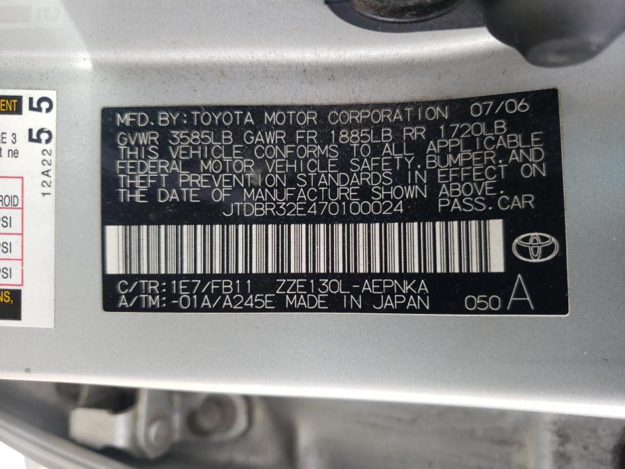 Photo 10 from auction – 2007 TOYOTA COROLLA CE with VIN JTDBR32E470100024