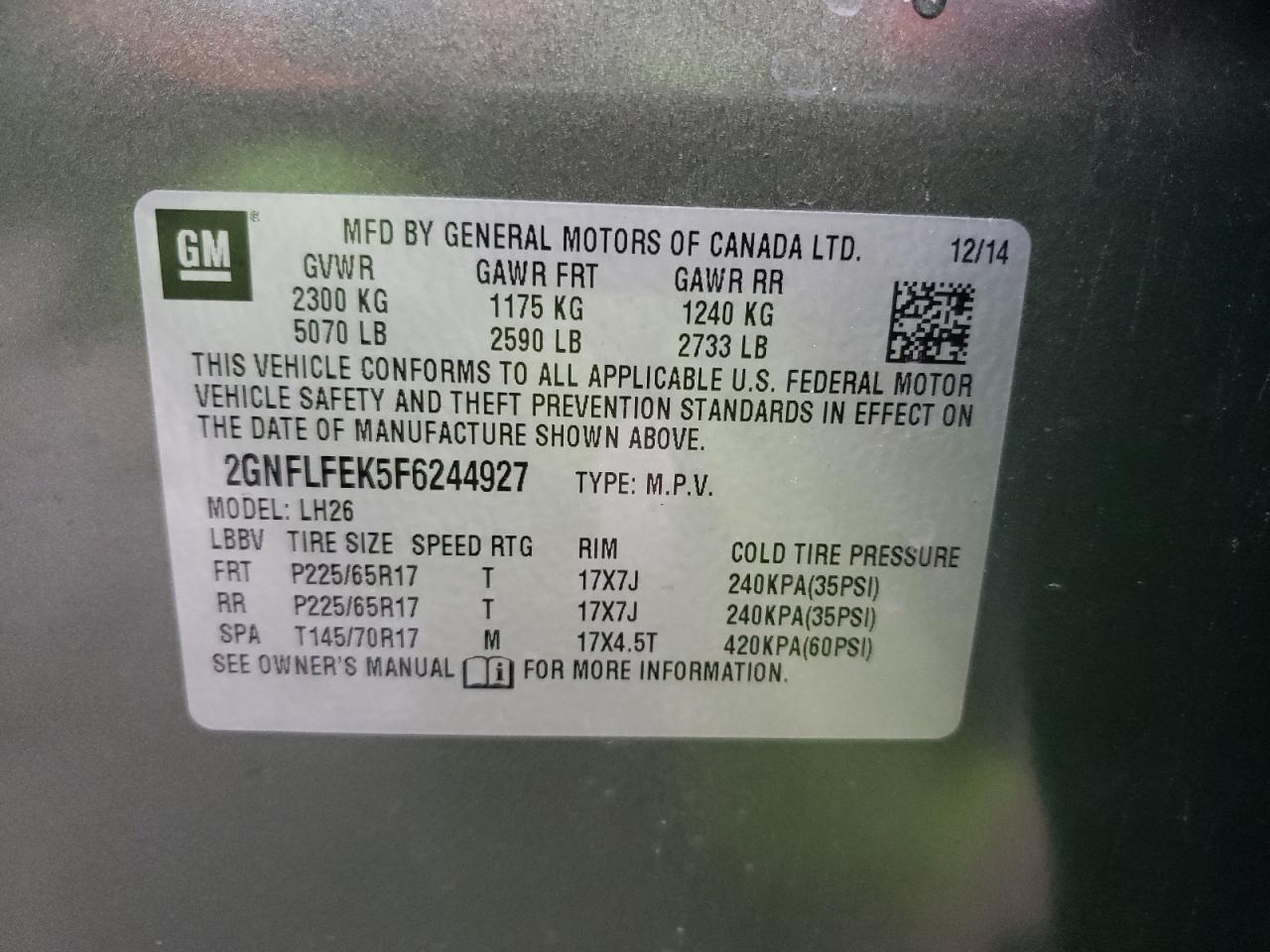 Photo 10 from auction – 2015 CHEVROLET EQUINOX LT with VIN 2GNFLFEK5F6244927