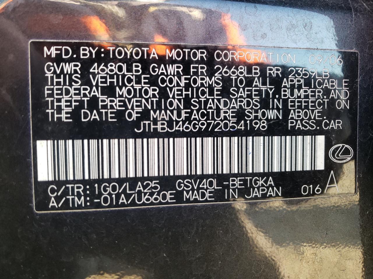 Photo 10 from auction – 2007 LEXUS ES 350 with VIN JTHBJ46G972054198