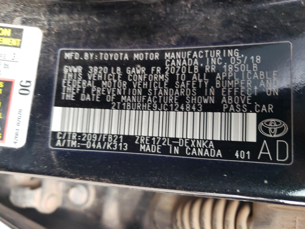 Photo 10 from auction – 2018 TOYOTA COROLLA L with VIN 2T1BURHE9JC124843