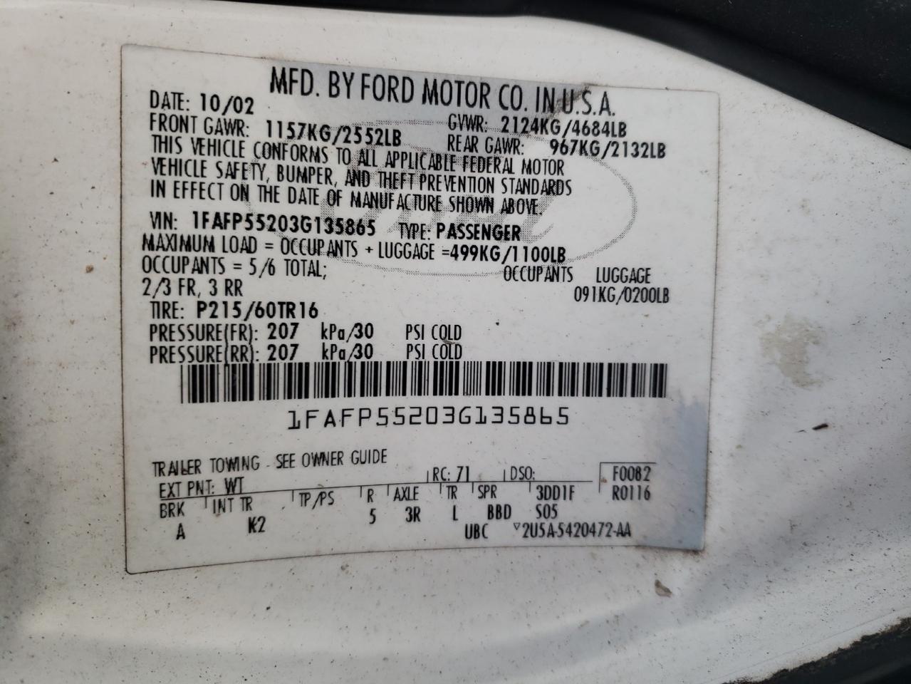 Photo 10 from auction – 2003 FORD TAURUS with VIN 1FAFP55203G135865