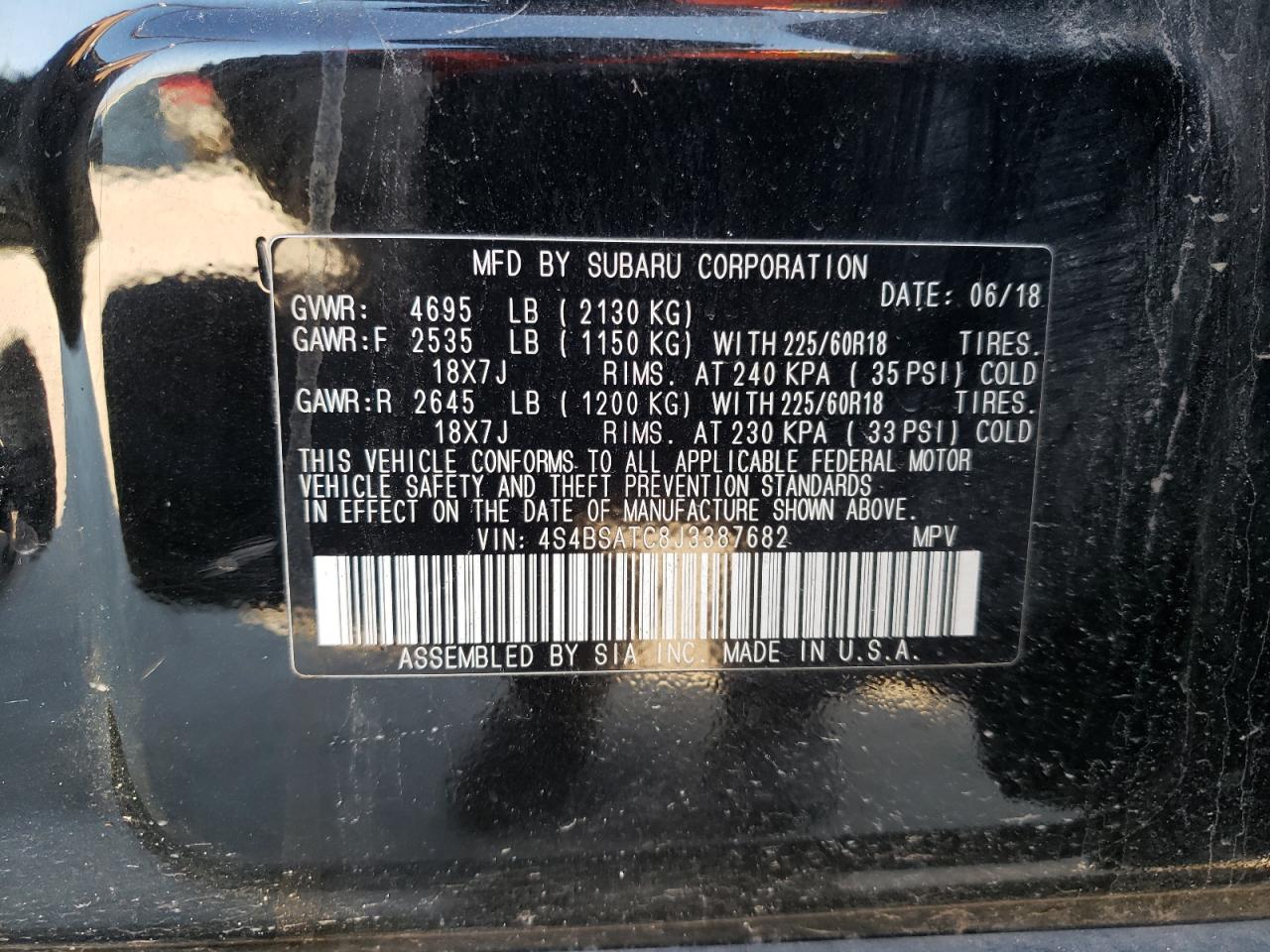 Photo 10 from auction – 2018 SUBARU OUTBACK TO with VIN 4S4BSATC8J3387682
