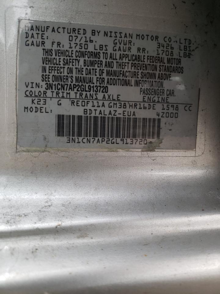 Photo 10 from auction – 2016 NISSAN VERSA S with VIN 3N1CN7AP2GL913720