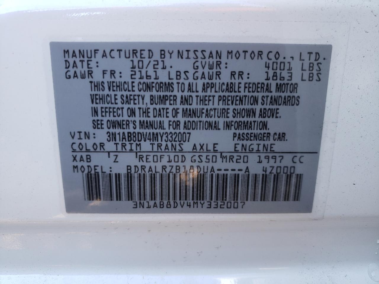 Photo 10 from auction – 2021 NISSAN SENTRA SR with VIN 3N1AB8DV4MY332007
