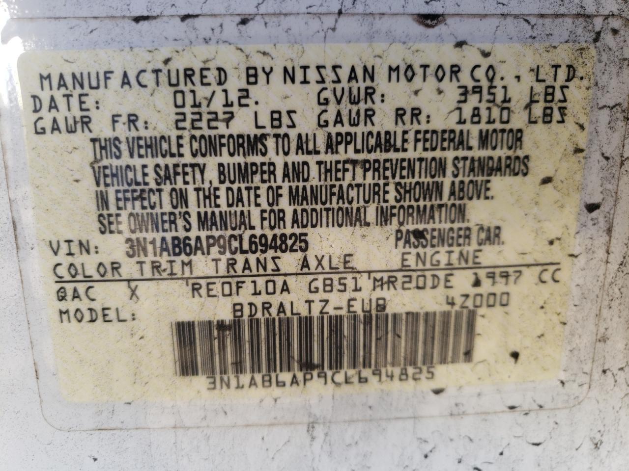 Photo 10 from auction – 2012 NISSAN SENTRA 2.0 with VIN 3N1AB6AP9CL694825