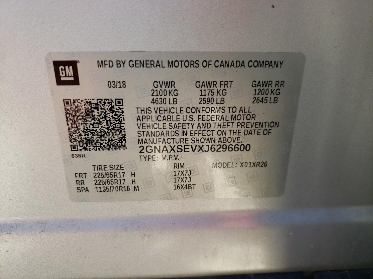 Photo 10 from auction – 2018 CHEVROLET EQUINOX LT with VIN 2GNAXSEVXJ6296600