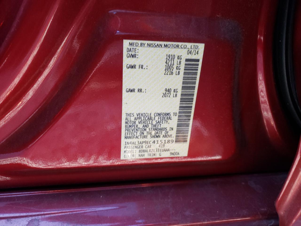 Photo 10 from auction – 2014 NISSAN ALTIMA 2.5 with VIN 1N4AL3AP9EC415189