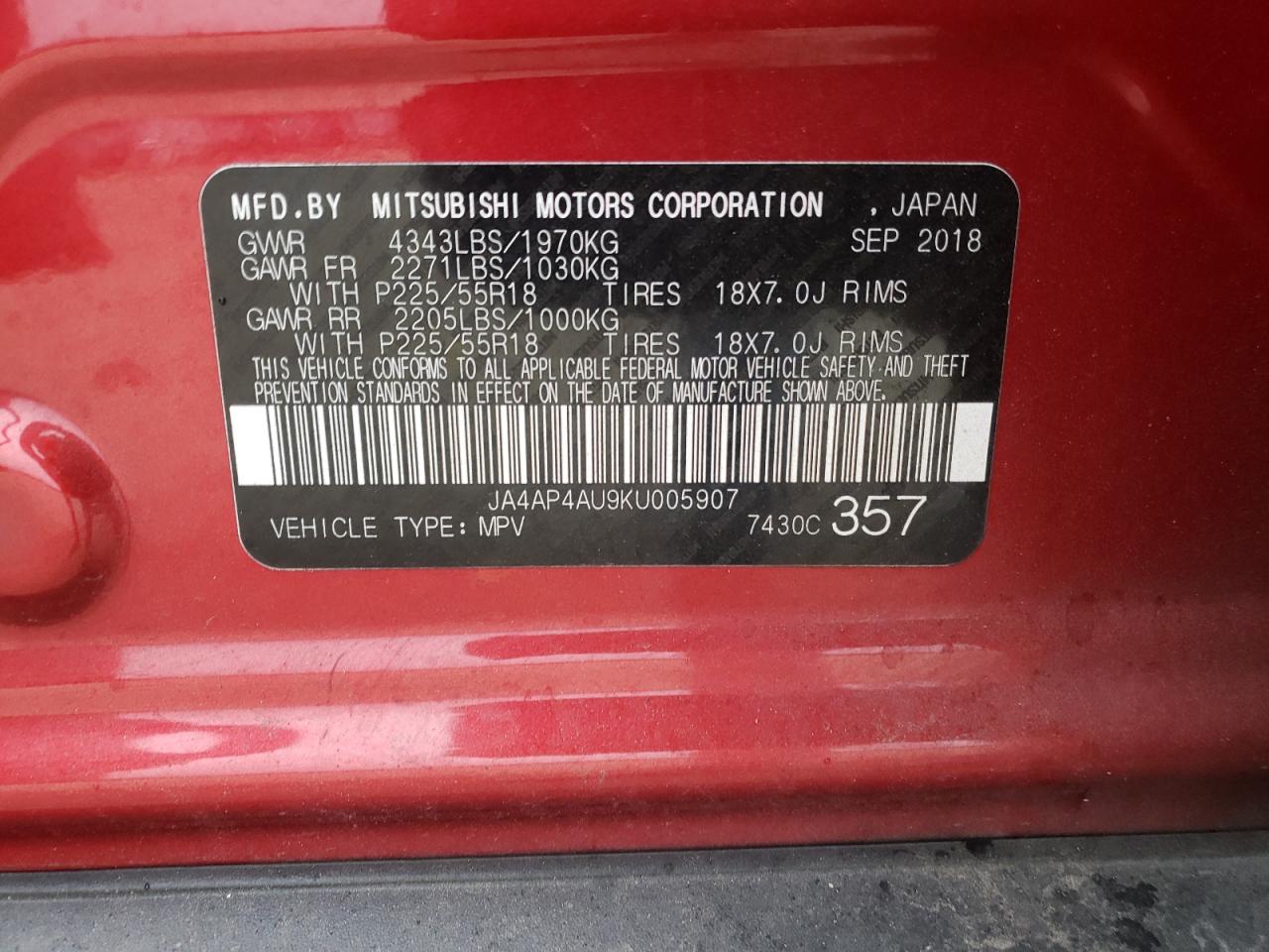 Photo 10 from auction – 2019 MITSUBISHI OUTLANDER with VIN JA4AP4AU9KU005907