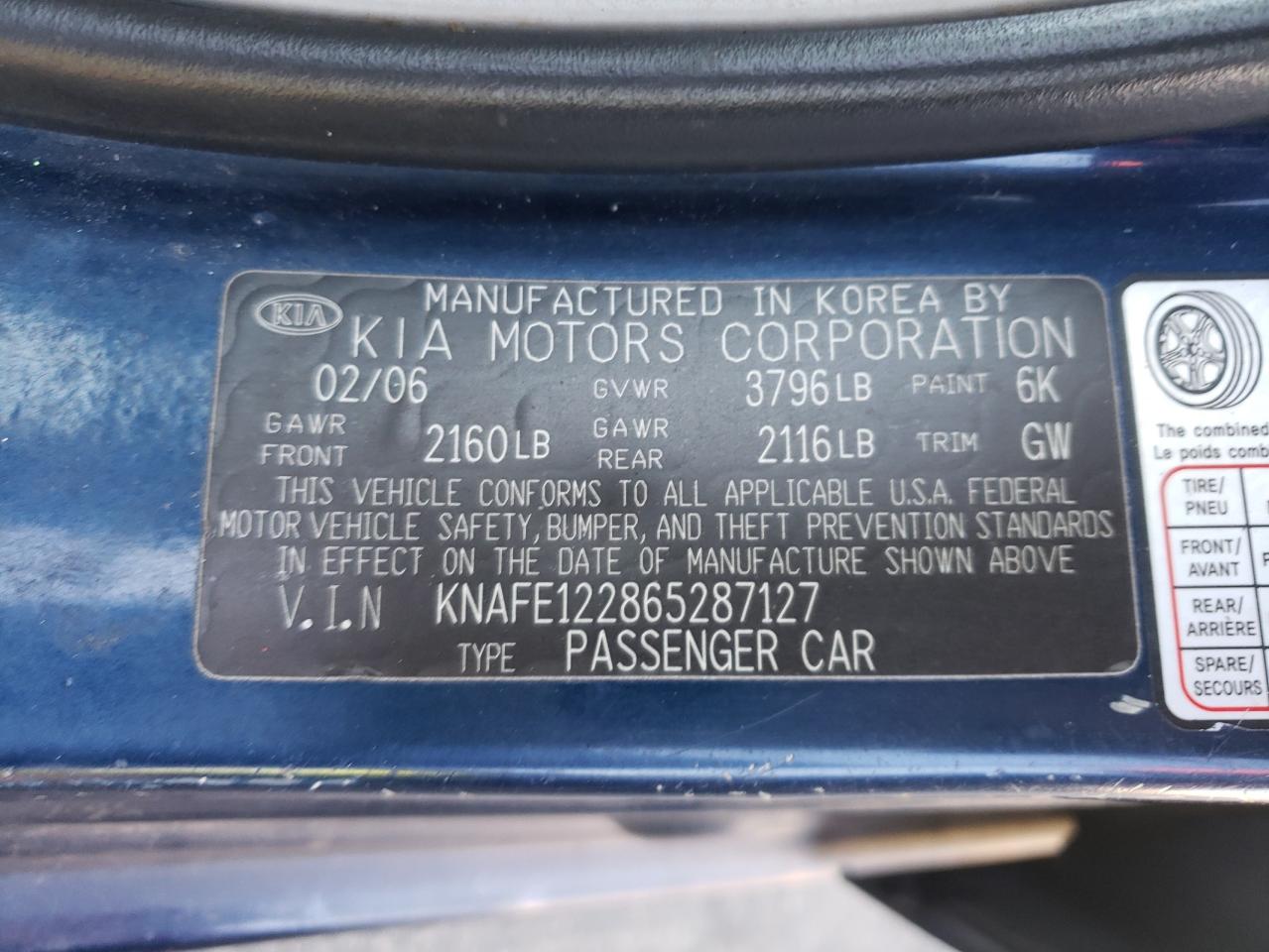 Photo 10 from auction – 2006 KIA SPECTRA LX with VIN KNAFE122865287127