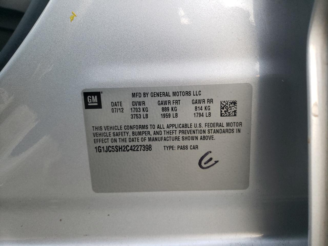 Photo 10 from auction – 2012 CHEVROLET SONIC LT with VIN 1G1JC5SH2C4227398
