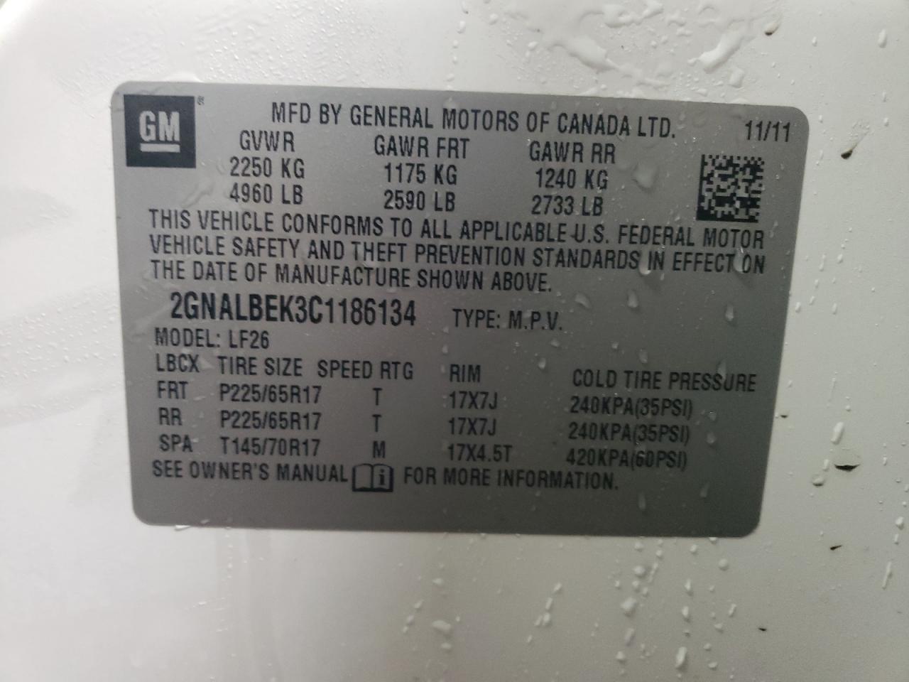 Photo 10 from auction – 2012 CHEVROLET EQUINOX LS with VIN 2GNALBEK3C1186134