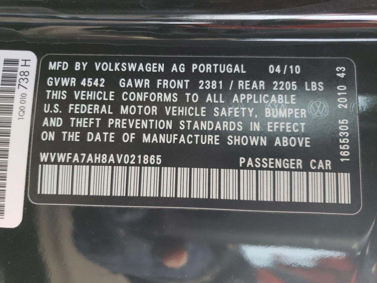 Photo 10 from auction – 2010 VOLKSWAGEN EOS LUX with VIN WVWFA7AH8AV021865