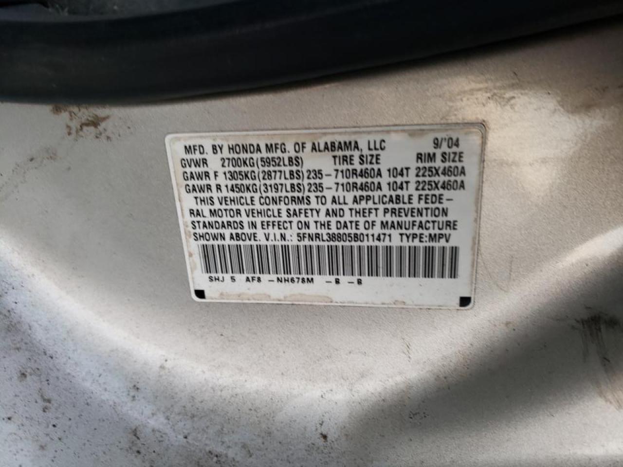 Photo 10 from auction – 2005 HONDA ODYSSEY with VIN 5FNRL38805B011471