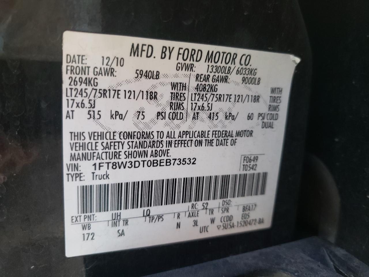 Photo 10 from auction – 2011 FORD F350 SUPER with VIN 1FT8W3DT0BEB73532