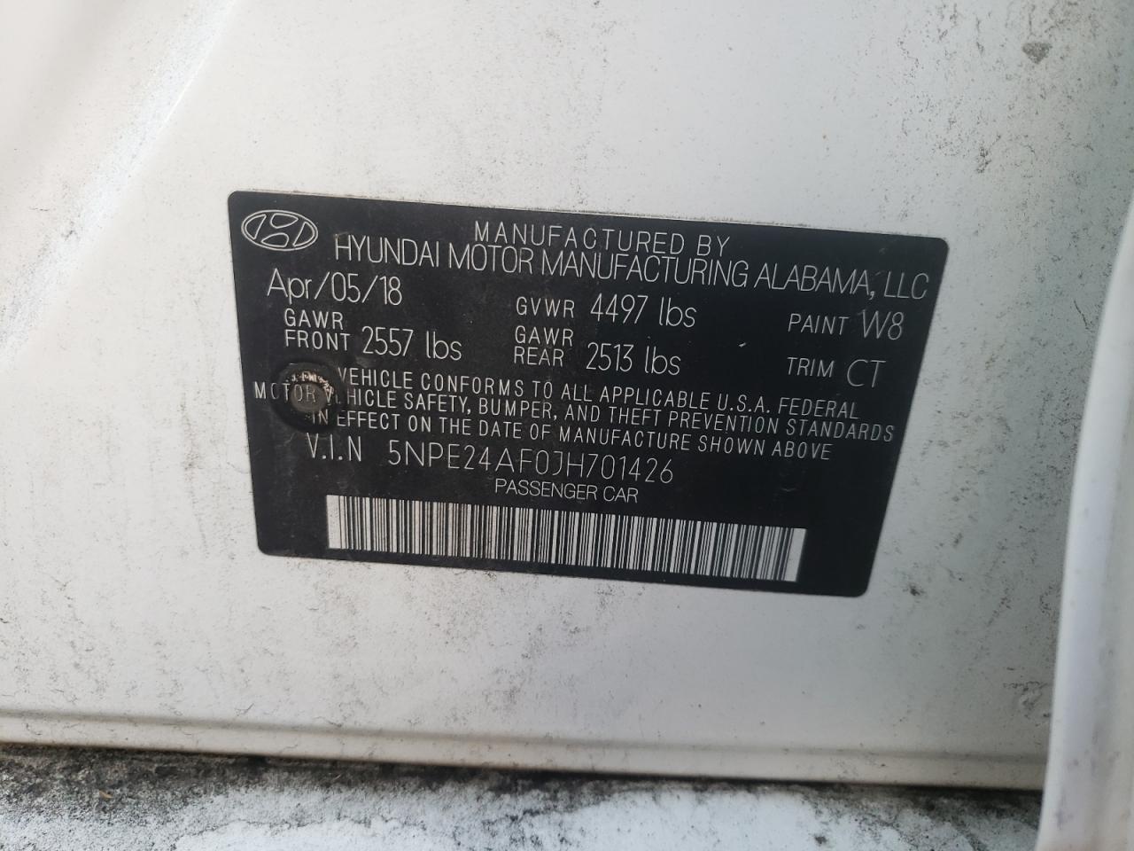 Photo 10 from auction – 2018 HYUNDAI SONATA SE with VIN 5NPE24AF0JH701426