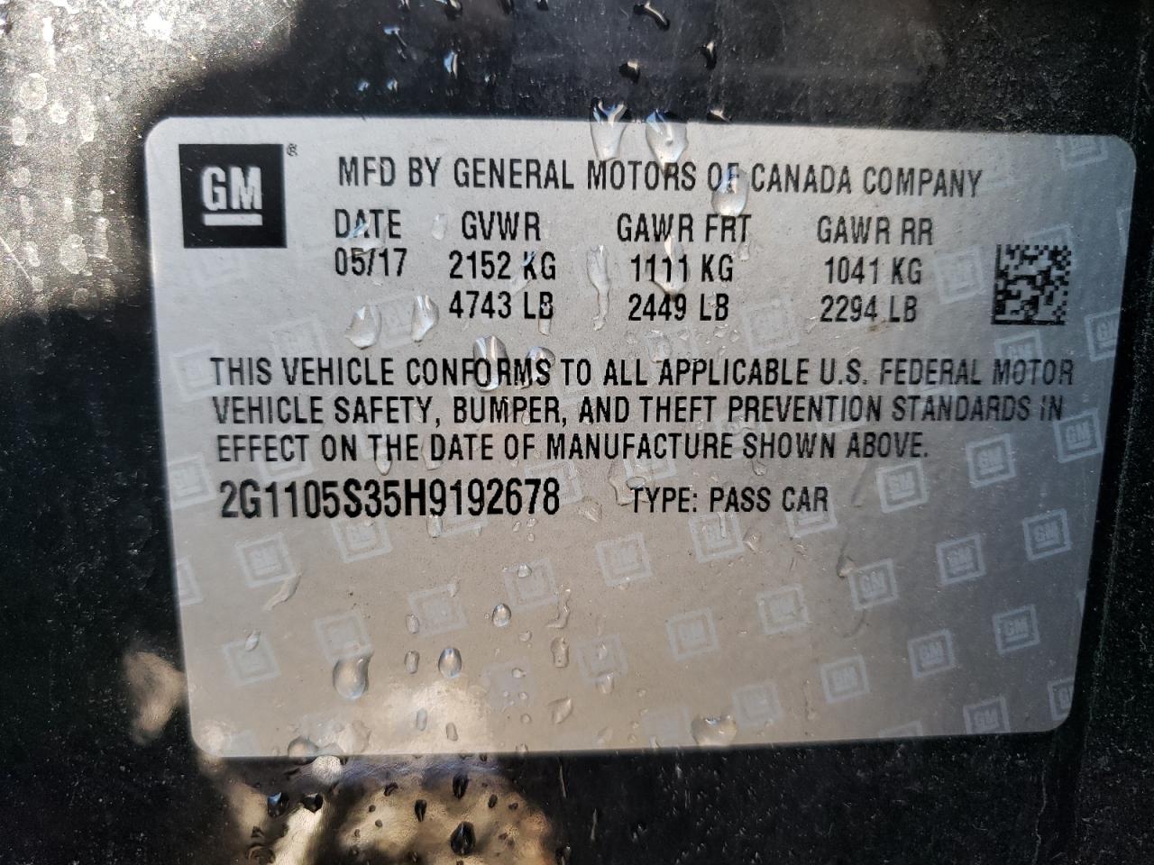 Photo 10 from auction – 2017 CHEVROLET IMPALA LT with VIN 2G1105S35H9192678