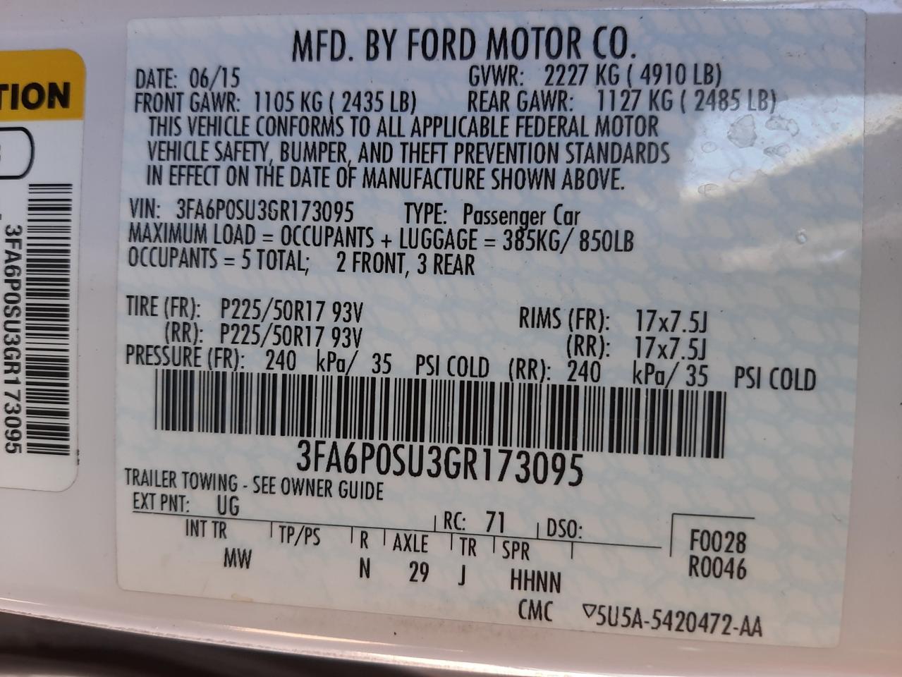 Photo 10 from auction – 2016 FORD FUSION TIT with VIN 3FA6P0SU3GR173095