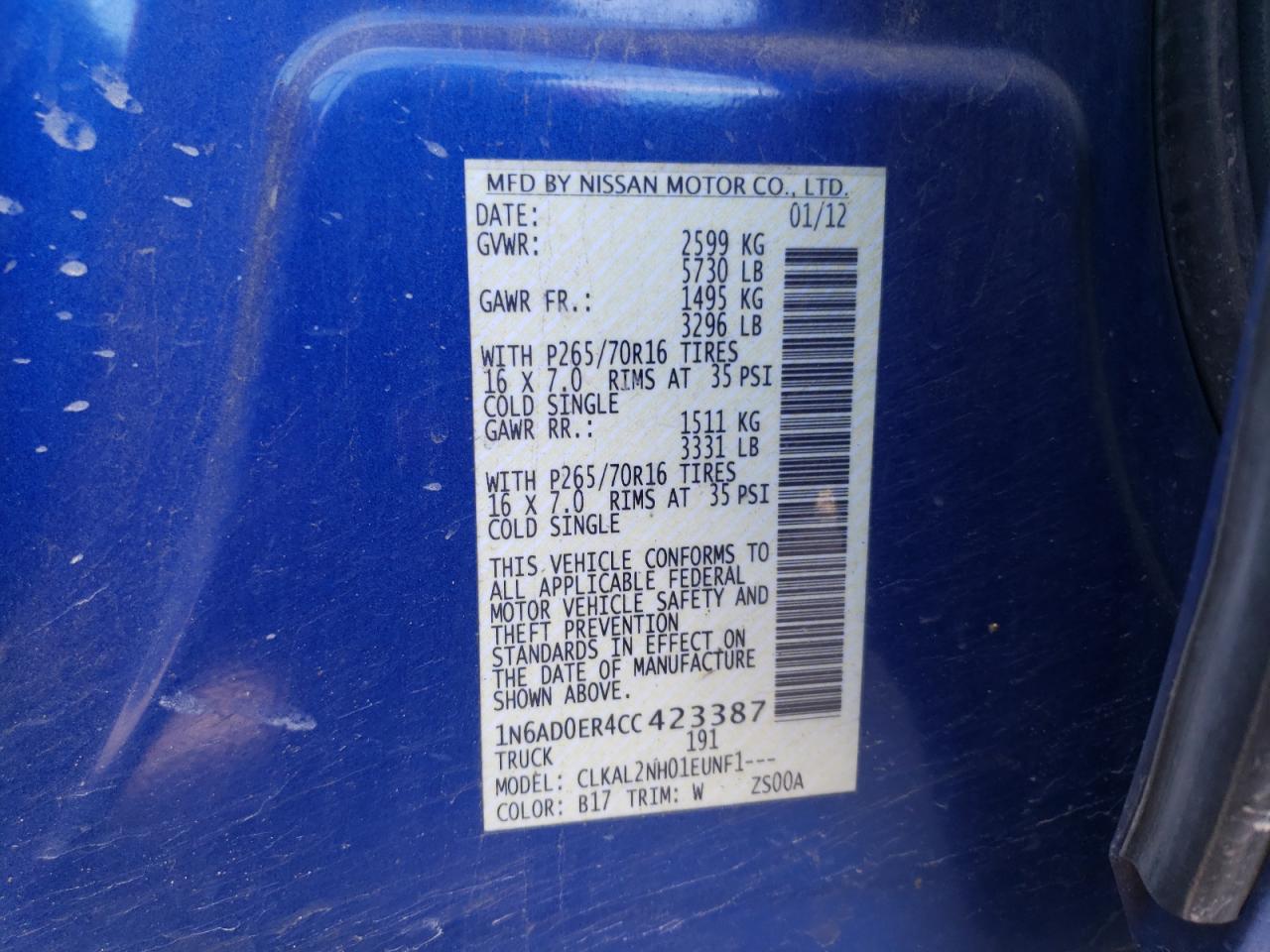 Photo 10 from auction – 2012 NISSAN FRONTIER S with VIN 1N6AD0ER4CC423387