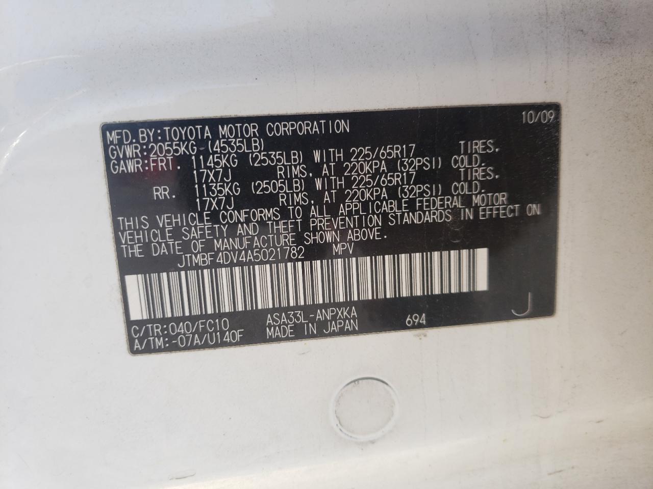 Photo 10 from auction – 2010 TOYOTA RAV4 with VIN JTMBF4DV4A5021782