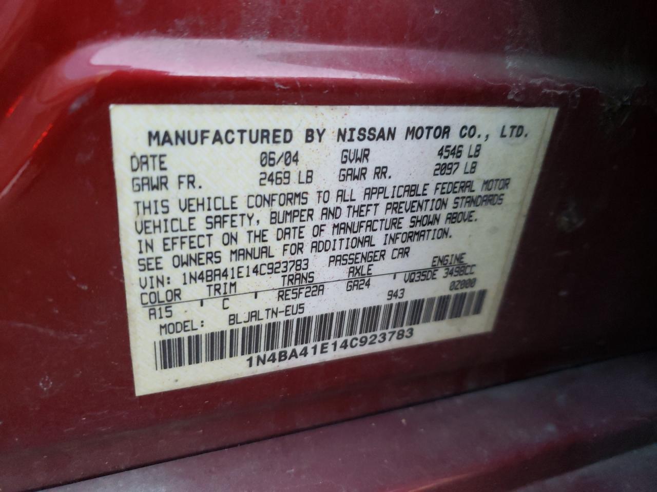 Photo 10 from auction – 2004 NISSAN MAXIMA SE with VIN 1N4BA41E14C923783