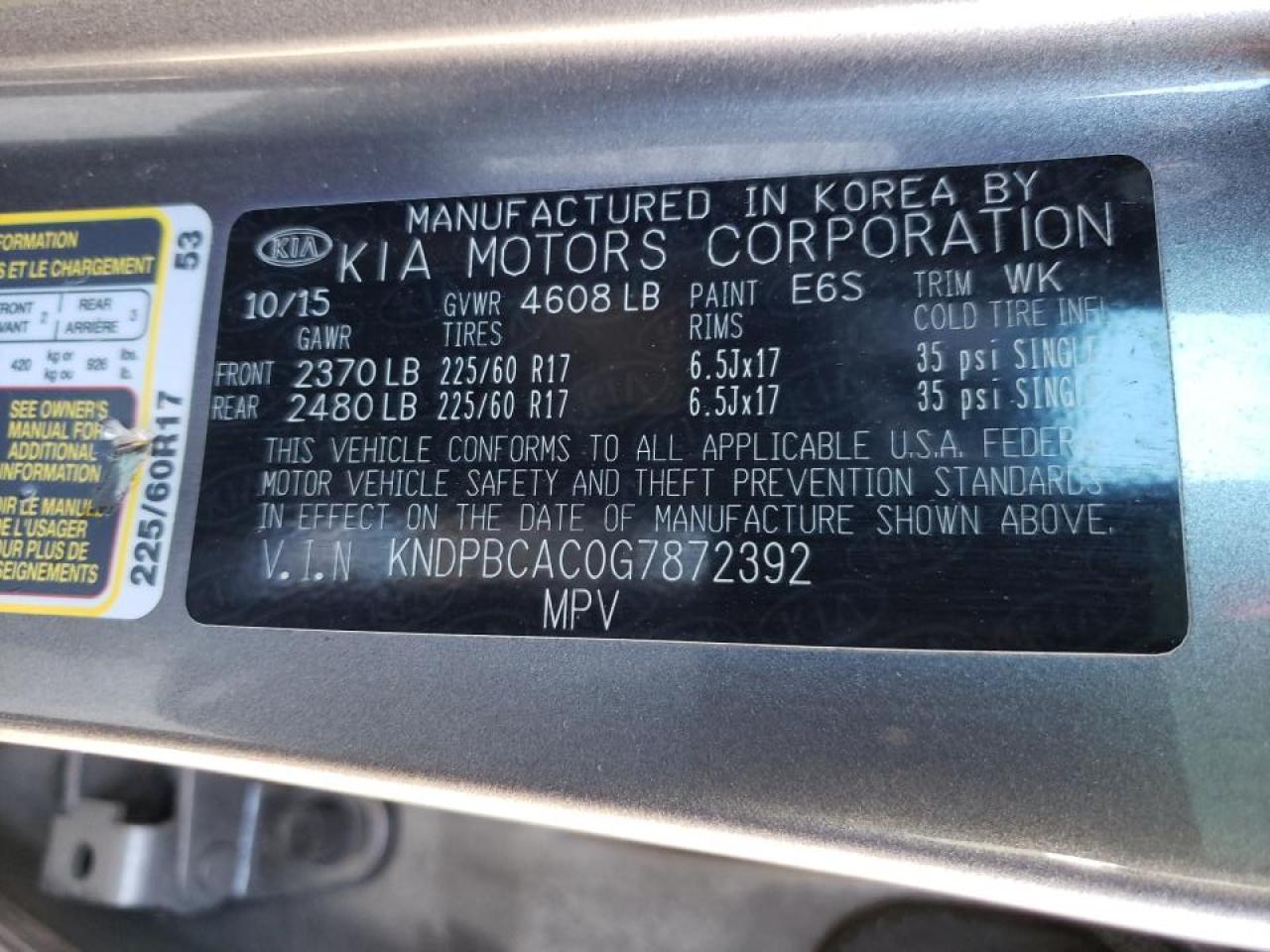 Photo 10 from auction – 2016 KIA SPORTAGE L with VIN KNDPBCAC0G7872392