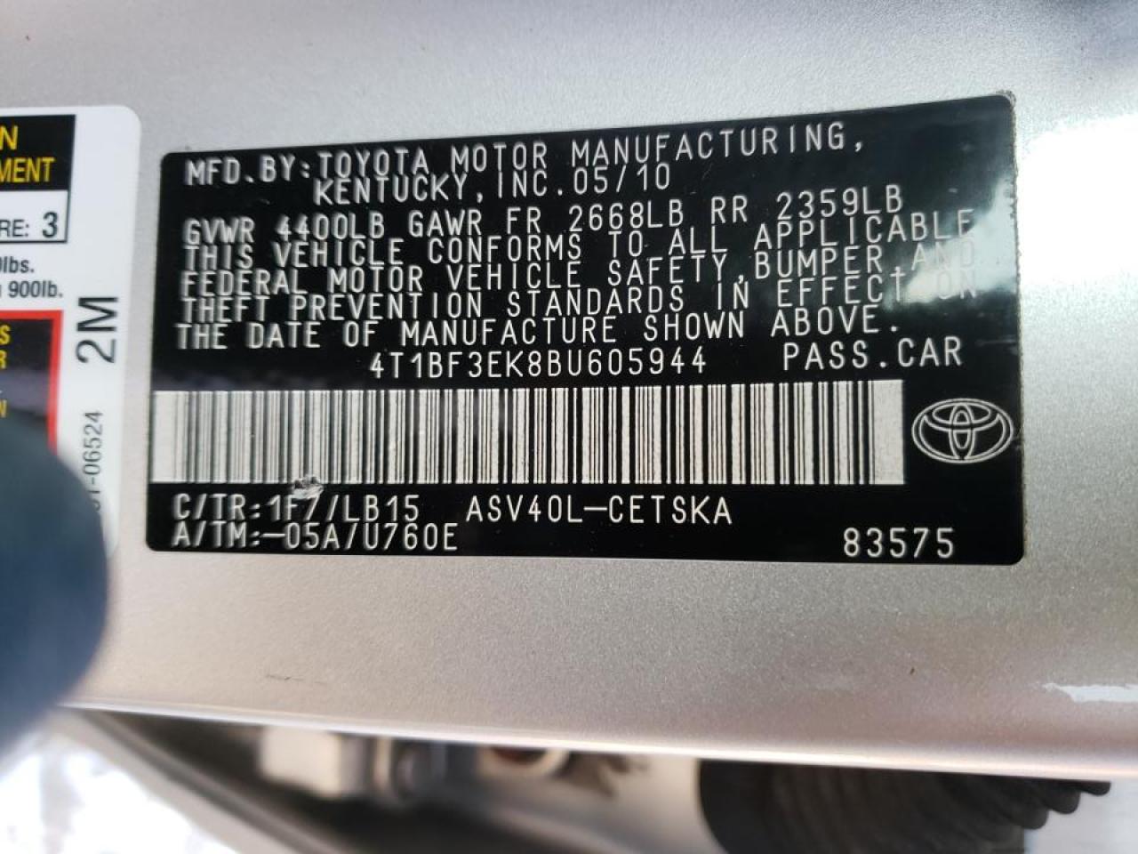 Photo 10 from auction – 2011 TOYOTA CAMRY BASE with VIN 4T1BF3EK8BU605944