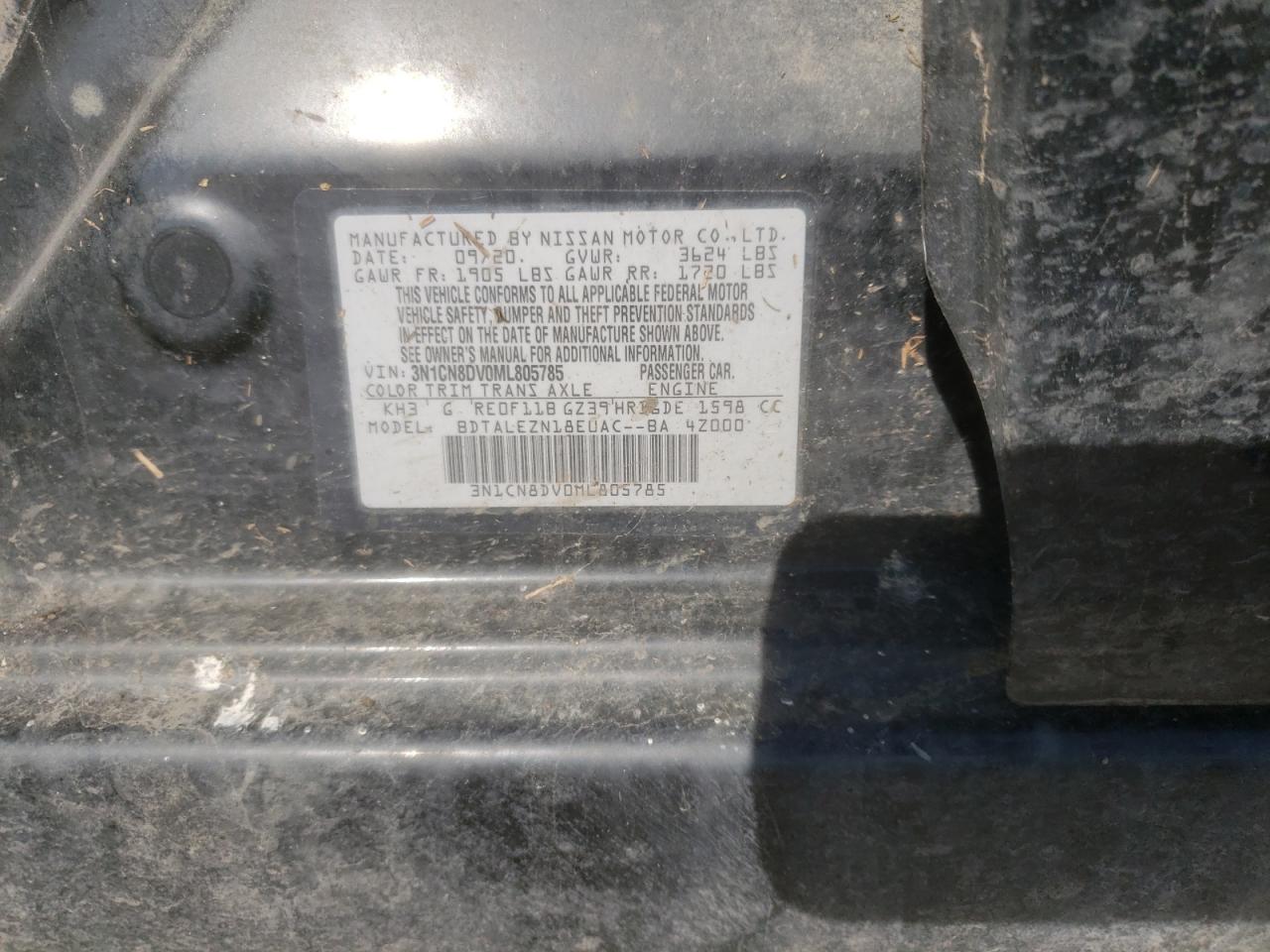 Photo 10 from auction – 2021 NISSAN VERSA S with VIN 3N1CN8DV0ML805785