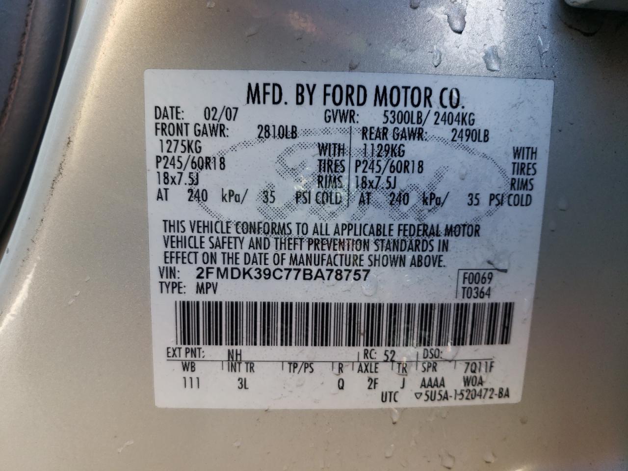 Photo 10 from auction – 2007 FORD EDGE SEL P with VIN 2FMDK39C77BA78757